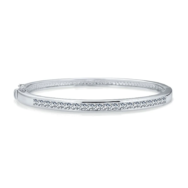 Ladies bracelets seasonal collection styles-Classic Bridal CZ Channel Set Princess Cut Eternity Bangle Bracelet, Silver 7-7.5"