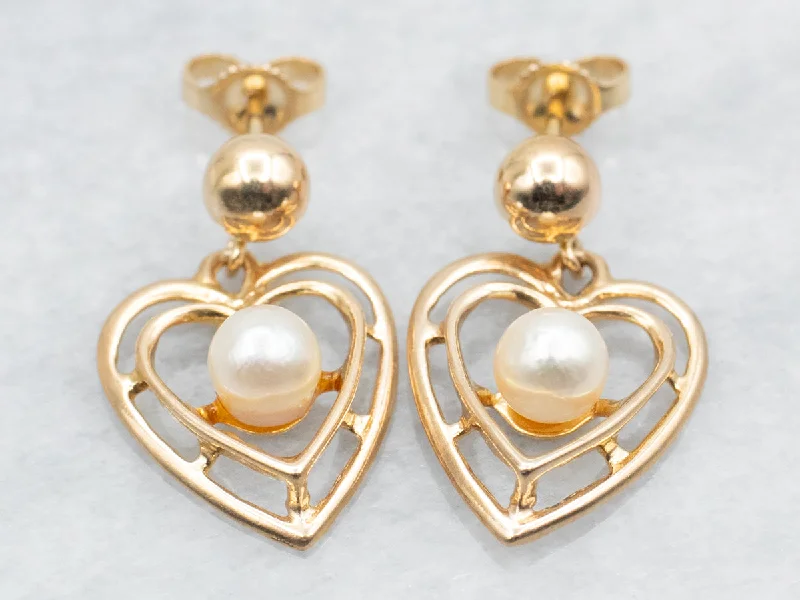 Ladies earrings retro futuristic styles-Polished Gold Heart and Pearl Drop Earrings