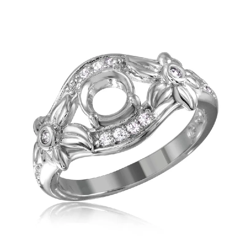 Ladies rings tri-color styles-Silver 925 Rhodium Plated Flower Shank Single Stone Mounting Ring - BGR00814