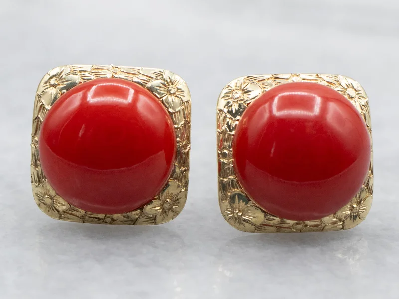 Ladies earrings girlfriend surprise picks-Yellow Gold Round Cut Coral Cabochon Stud Earrings