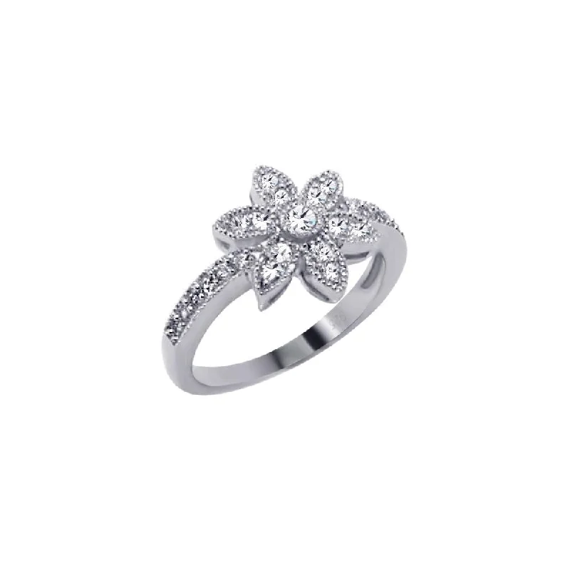 Ladies rings asscher cut designs-Silver 925 Rhodium Plated Micro Pave CZ Flower Ring - ACR00018