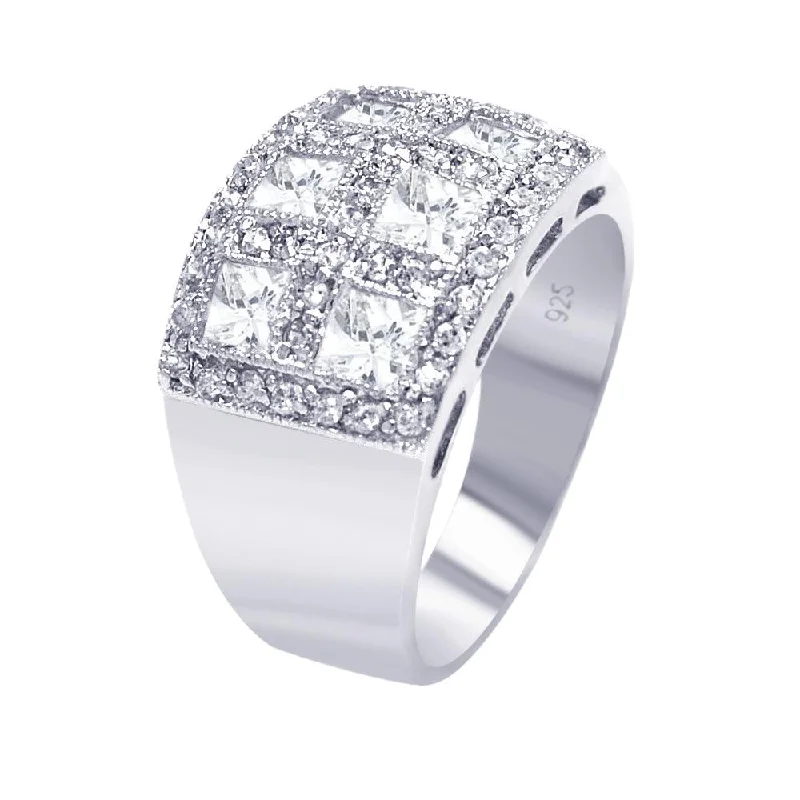 Ladies rings bold silhouette rings-Silver 925 Rhodium Plated Clear Square Pave CZ Cigar Band Bling Ring - AAR0055