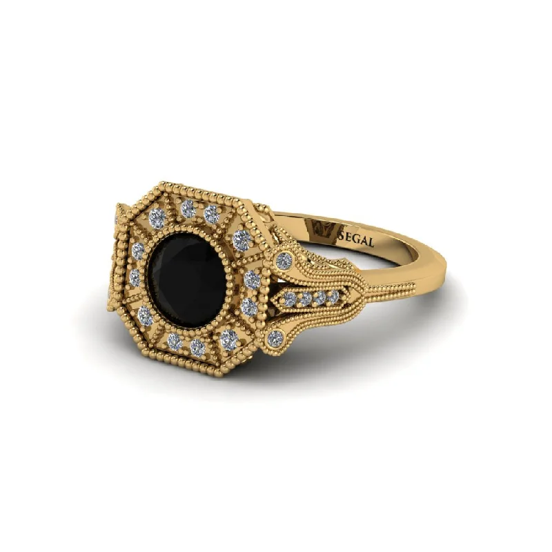 Ladies engagement rings oval halo bands-Black Diamond 14K Gold Art Deco Engagement Ring - Erin No. 7