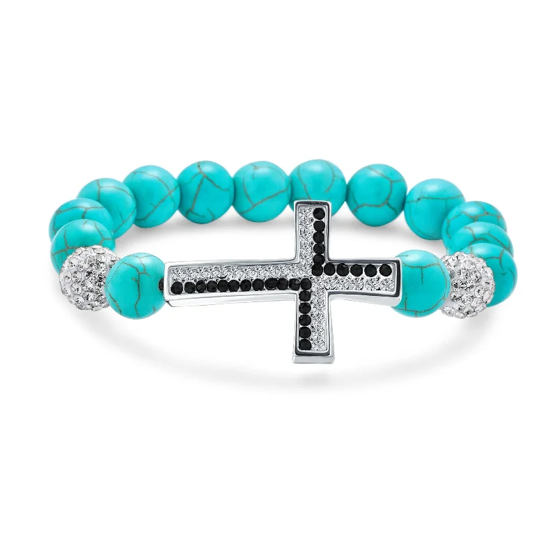 Ladies bracelets retro futuristic styles-Religious Cross Black Onyx Turquoise Crystal Stretch Bracelet for Men Silver Plated