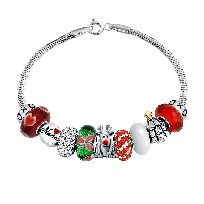 Ladies bracelets infinity symbol designs-Christmas Rudolph Reindeer Nana Charm Bracelet with European Beads Sterling Silver