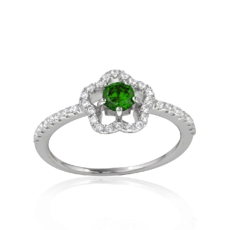 Ladies rings friendship circle styles-Rhodium Plated 925 Sterling Silver Clover Micropave Ring with Green Center CZ and Clear Round CZ - BGR01120GRN