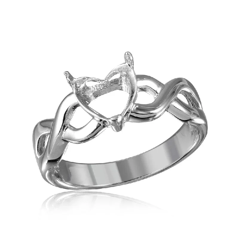 Ladies rings European-inspired flair-Silver 925 Rhodium Plated Open Overlap Shank Heart Stone Mounting Ring - BGR01218