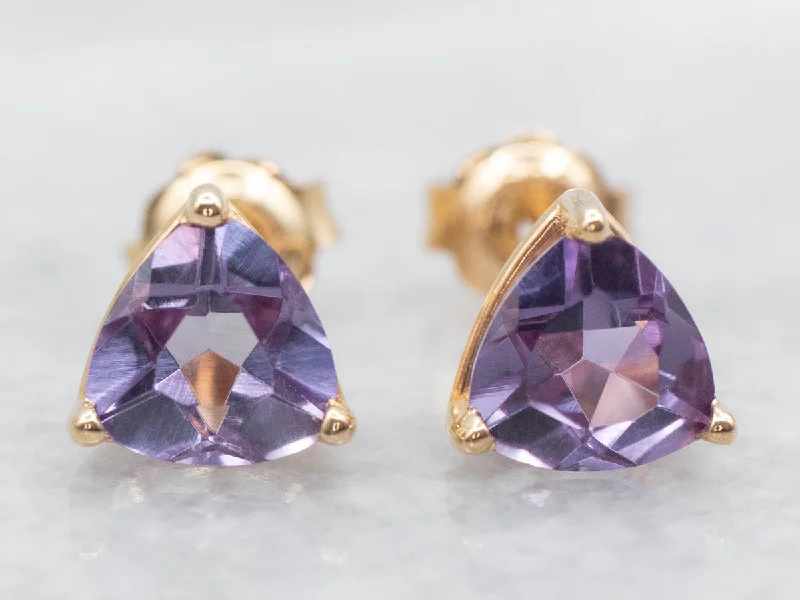 Ladies earrings tapered drop earrings-Trillion Cut Synthetic Alexandrite Stud Earrings