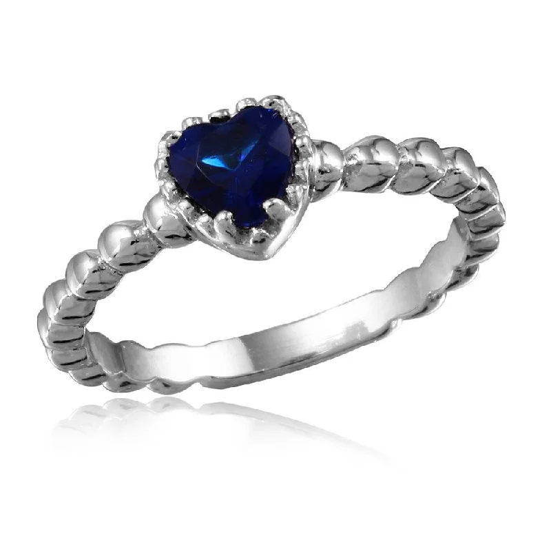 Ladies rings polished shiny designs-Silver 925 Rhodium Plated Beaded Band Blue Heart Center Stone Ring - BGR01052BLUE