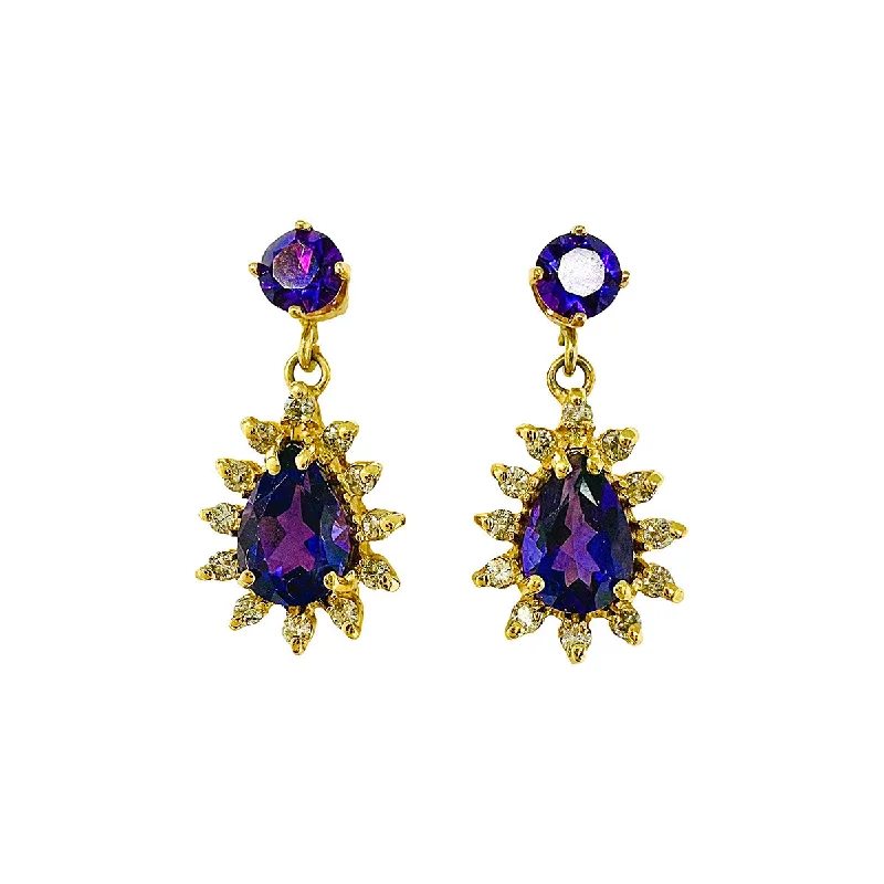 Ladies earrings generational gift picks-14K Gold Drop Earrings with Amethyst and Diamonds