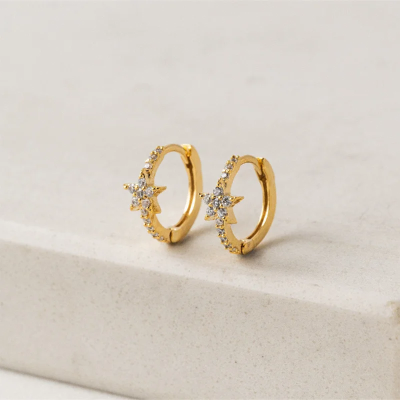 Ladies earrings prong set designs-Gold Plated Cosmos Star Huggie Hoop Earrings