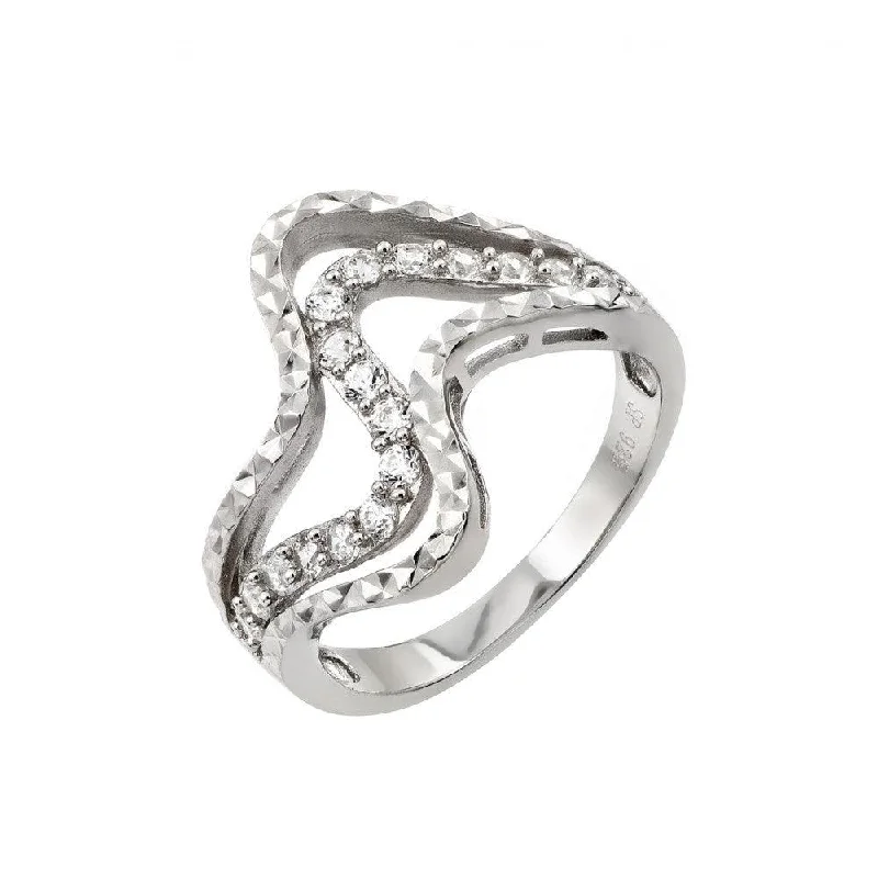 Ladies rings spring fashion styles-Silver 925 Rhodium Plated Clear CZ Inlay Wave Ring - STR00965