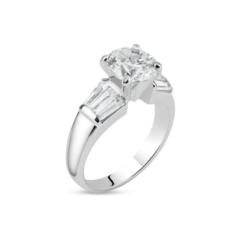 Ladies rings dramatic flair rings-Rhodium Plated 925 Sterling Silver Clear Baguette Round Center CZ Bridal Ring - BGR00015