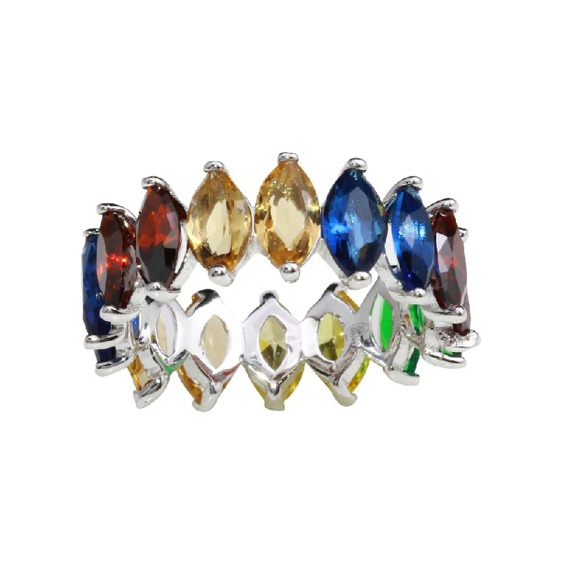 Ladies rings casual chic vibes-Rhodium Plated 925 Sterling Silver Multi-Colored Oval CZ Stone Ring - GMR00271RBC