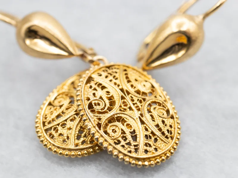 Ladies earrings wire-wrapped earrings-Ornate Gold Filigree Drop Earrings