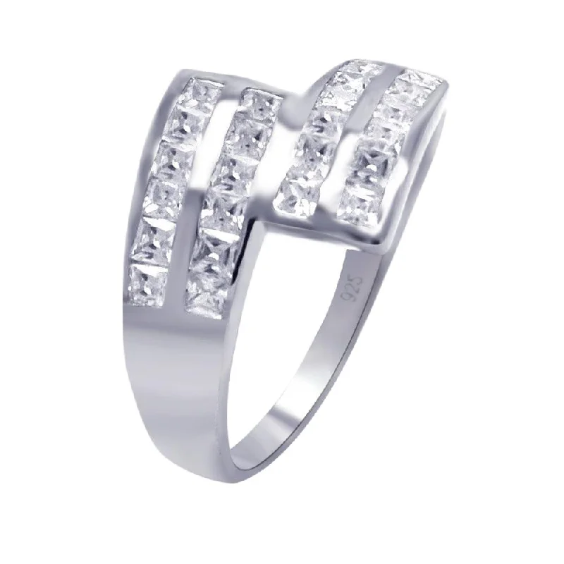 Ladies rings cluster ring styles-Silver 925 Rhodium Plated Clear Square CZ Ribbon Ring - AAR0045