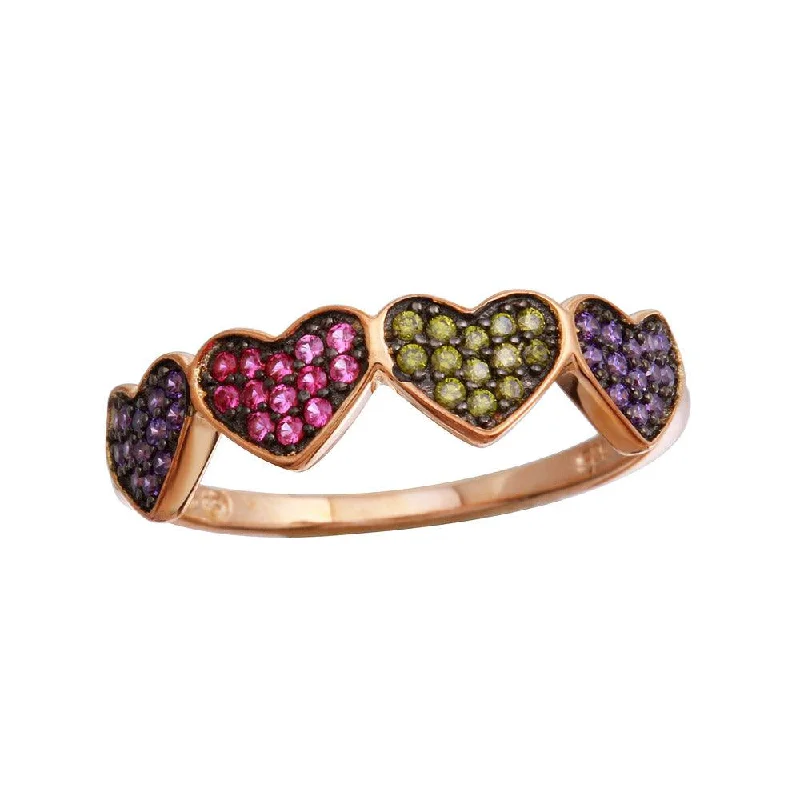 Ladies rings spinning band styles-Rose Gold Plated 925 Sterling Silver 4 Heart Ring with Multi-Colored CZ - BGR01236