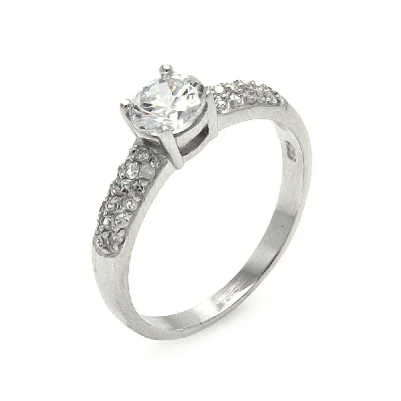 Ladies rings domed shape styles-Silver 925 Rhodium Plated Round Center CZ Ring - STR00250