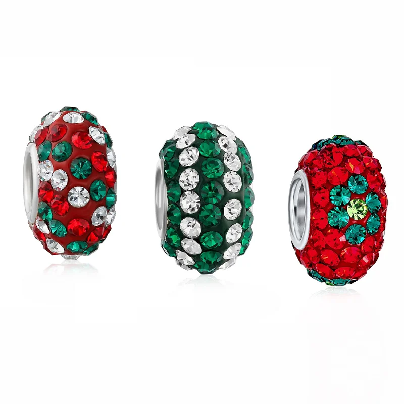 Ladies bracelets rose gold finishes-Christmas Charm Bead Red Green Flower Stripe Crystal Bundle for Bracelets