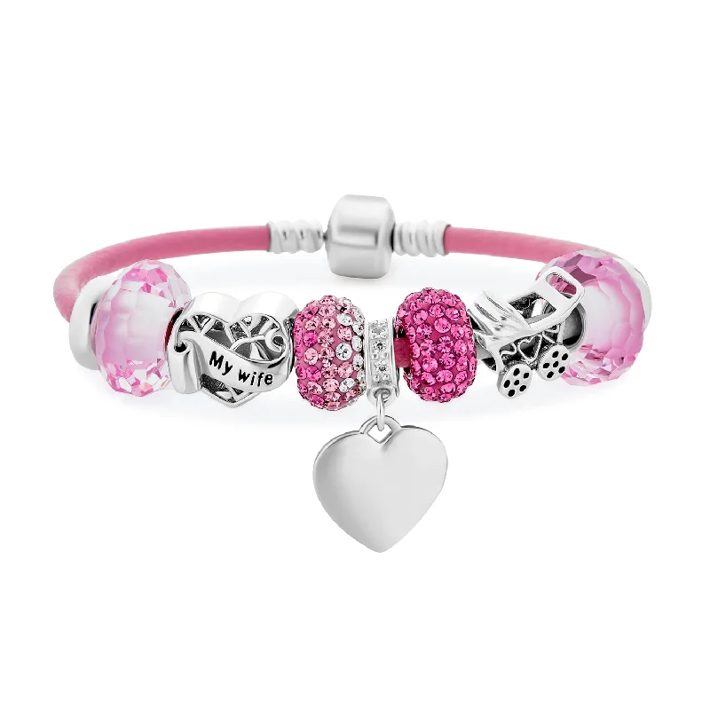 Ladies bracelets wave pattern styles-My Wife Heart Charm Bracelet Pink Leather Sterling Silver Beads 6.5-8.5 Inch