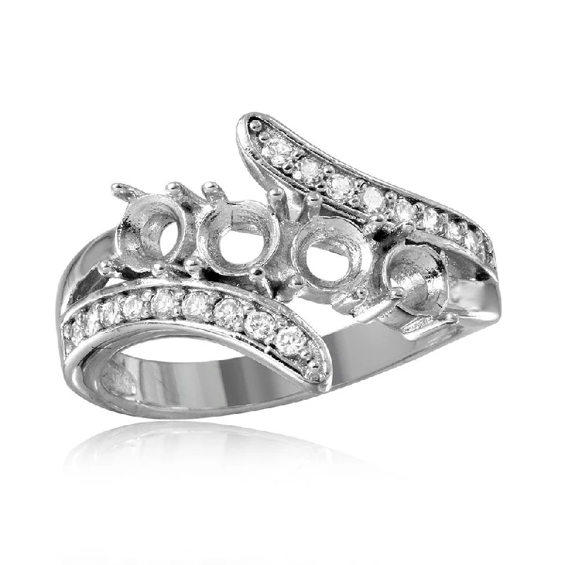 Ladies rings princess cut styles-Silver 925 Rhodium Plated 3 Row CZ with 4 Round Mounting Ring - BGR00495