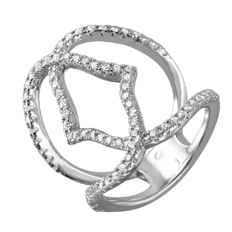 Ladies rings pear cut styles-Silver 925 Rhodium Plated Bracket Wire Ring with CZ Accents - BGR00977