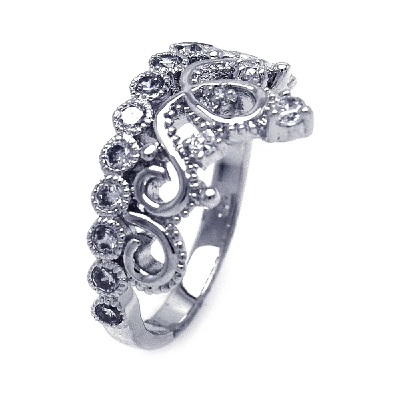 Ladies rings summer vibe designs-Silver 925 Rhodium Plated Crown Pear and Round CZ Ring - BGR00113