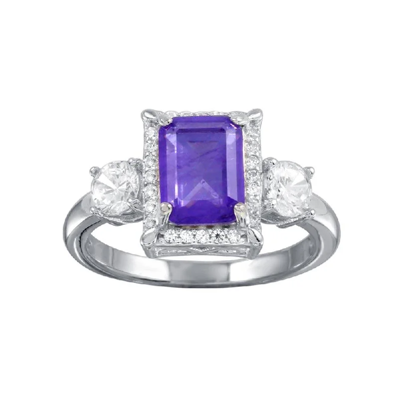 Ladies rings single layer rings-Rhodium Plated 925 Sterling Silver Purple Center Halo CZ Ring - BGR01270