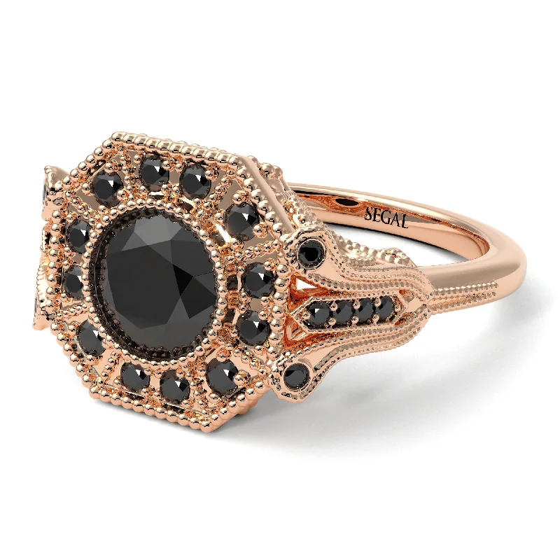 Ladies engagement rings champagne halo styles-Black Diamond 14K Gold Art Deco Engagement Ring - Erin No. 38