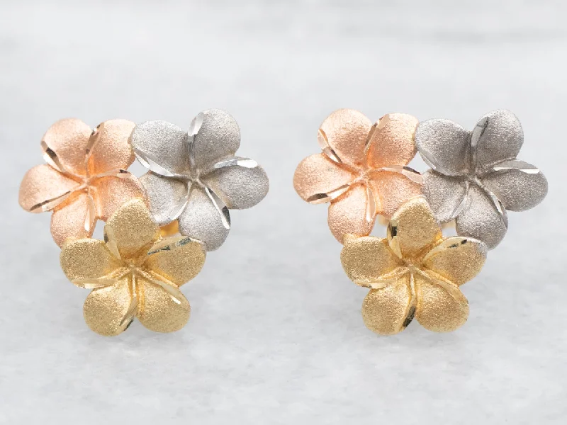 Ladies earrings oxidized finish styles-Tri Color Gold Floral Stud Earrings