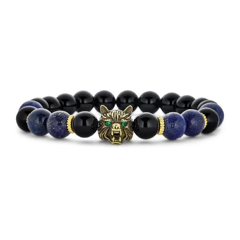 Ladies bracelets upcycled bracelet designs-Unisex Jungle Animal Stretch Bracelet with Onyx & Tiger Eye Beads for Men Gold Plated