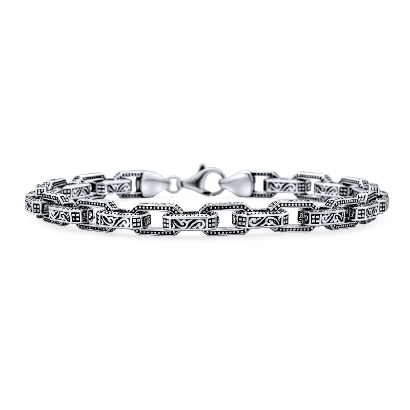 Ladies bracelets trillion cut styles-Men's Thick Byzantine Chain Link Bracelet Sterling Silver Made in Turkey 7.5-8.5"