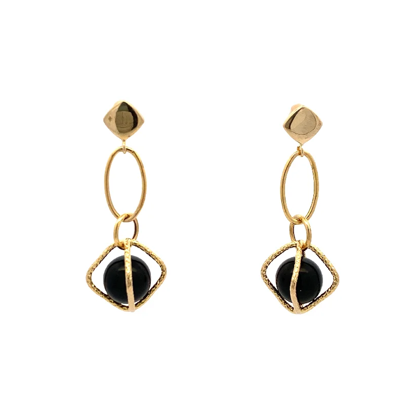 Ladies earrings gemstone cluster styles-Estate Onyx Bead Drop Earrings in Yellow Gold