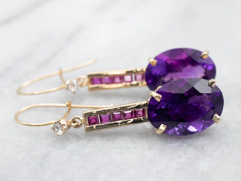 Ladies earrings mixed cut earrings-Yellow Gold Amethyst Drop Earrings with Ruby and White Topaz Accents