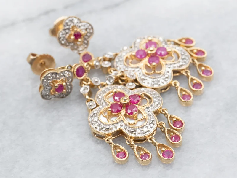 Ladies earrings domed shape styles-Floral Gold Diamond, Ruby, and Mother of Pearl Drop Earrings