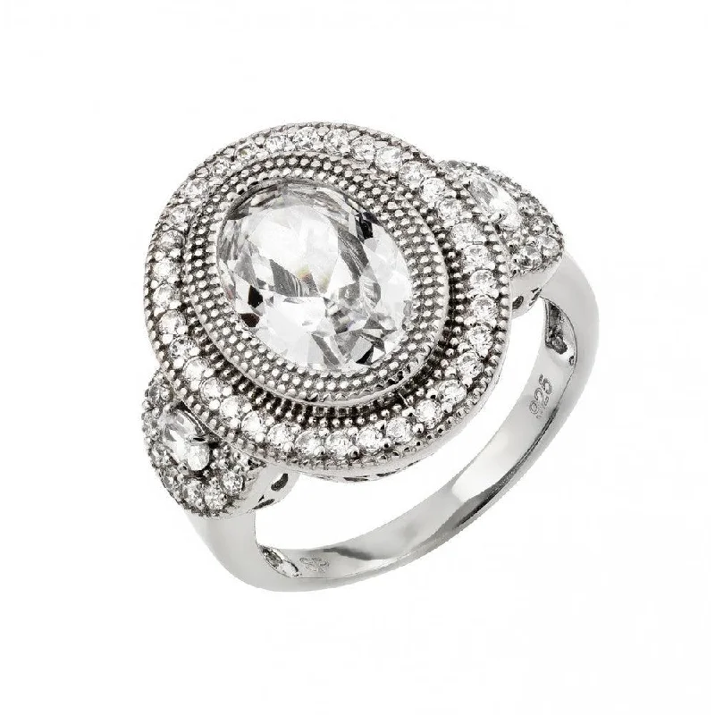 Ladies rings ethnic pattern designs-Silver 925 Rhodium Plated Micro Pave Set CZ Antique Oval Ring - GMR00011