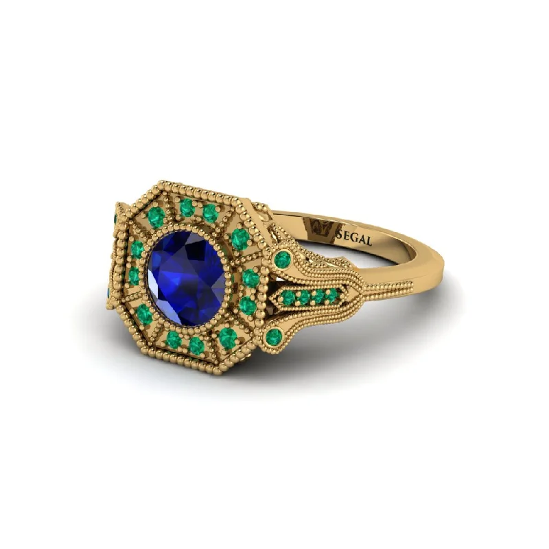 Ladies engagement rings bezel gemstone cuts-Sapphire 14K Gold Art Deco Engagement Ring - Erin No. 28