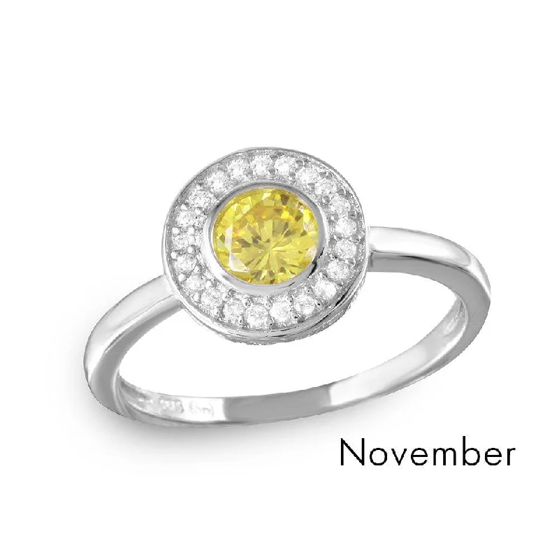 Ladies rings Edwardian charm rings-November Sterling Silver 925 Rhodium Plated CZ Center Birthstone Halo Ring - BGR01082NOV