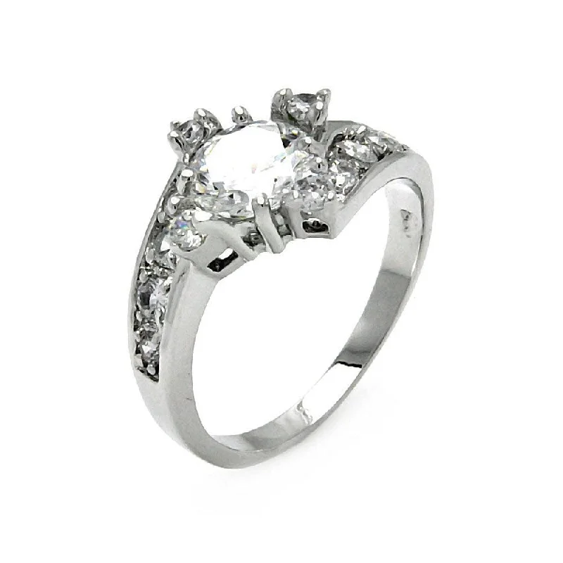 Ladies rings extra thin rings-Silver 925 Rhodium Plated Clear Round Center Pave Set CZ Bridal Ring - BGR00560