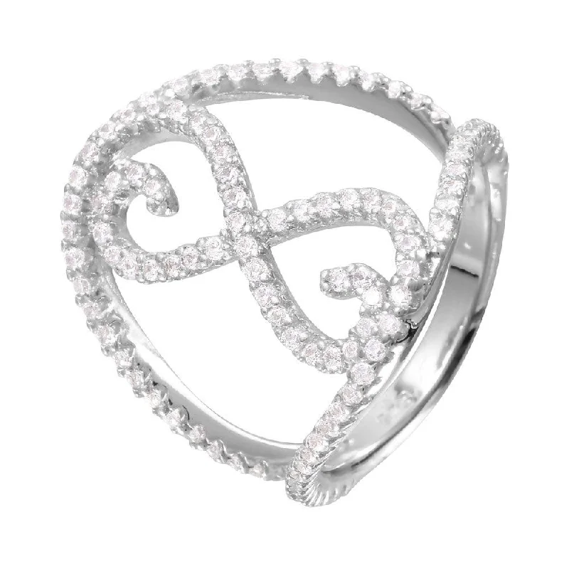 Ladies rings moonstone glow designs-Silver 925 Rhodium Plated Split Shank CZ Accented Infinity Symbol Ring - BGR00997