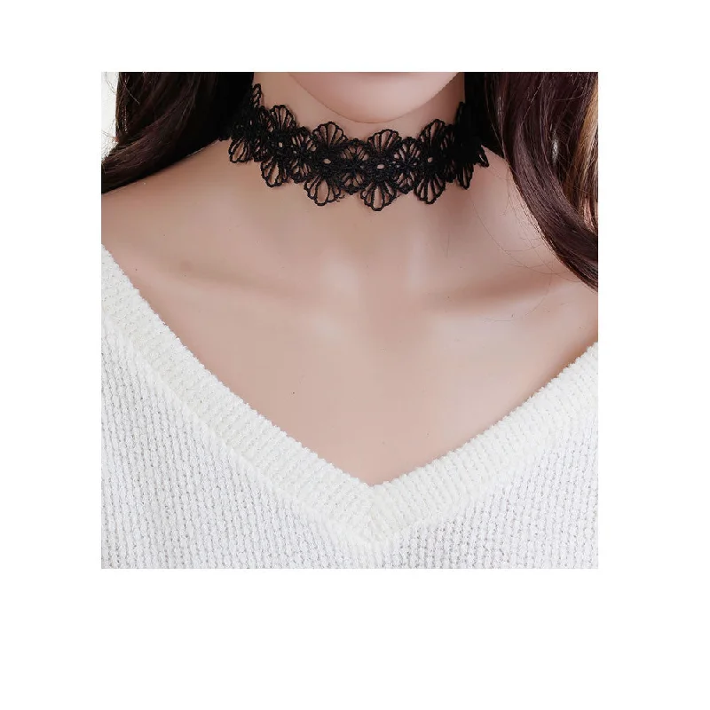 Ladies necklaces classic revival designs-Sexy Sparkles Polyester Black Flower Choker Necklace for Women Girls Gothic Choker Bolo Tie Corset Lace Chokers