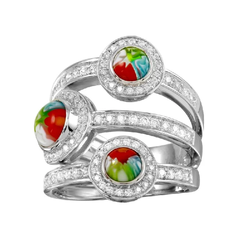 Ladies rings sparkle detail designs-Rhodium Plated 925 Sterling Silver 3 Row 3 Round Murano Glass CZ Ring - MR00003