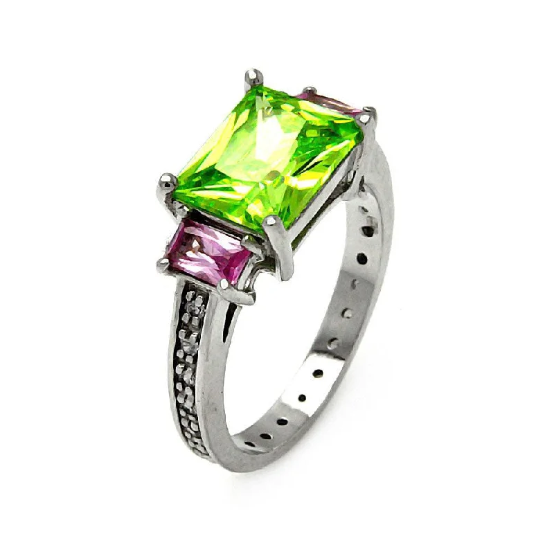 Ladies rings single layer rings-Silver 925 Rhodium Plated Multi Color CZ Past Present Future Ring - STR00099