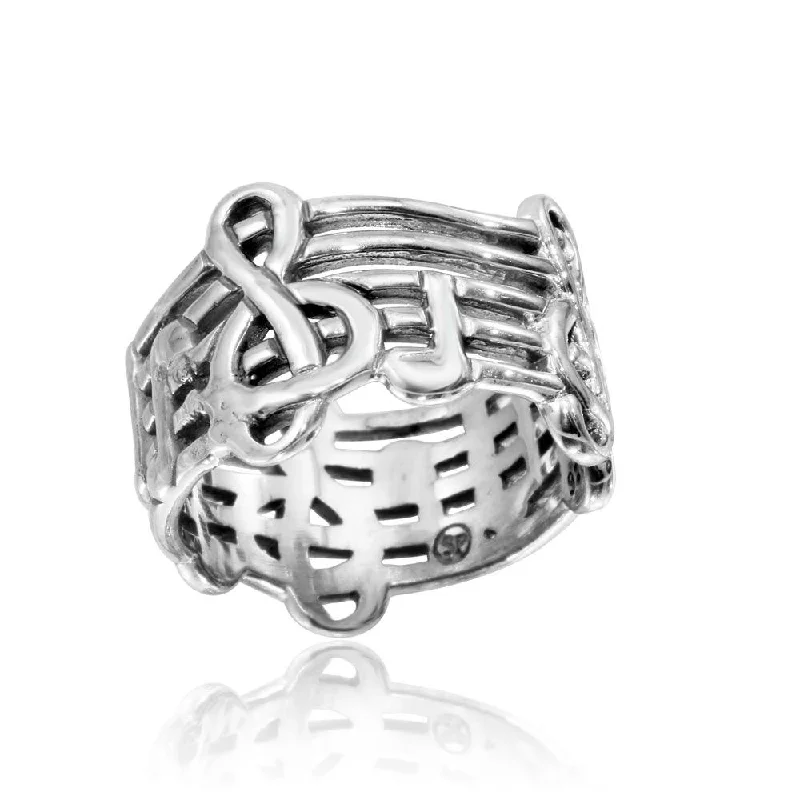 Ladies rings bezel set designs-High Polished 925 Sterling Silver Music Notes Ring - CR00804