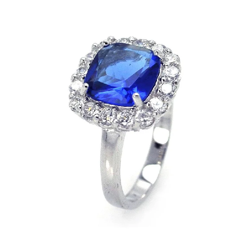 Ladies rings meaningful symbol rings-Silver 925 Rhodium Plated Blue Center Clear Cluster CZ Ring - STR00381BLU