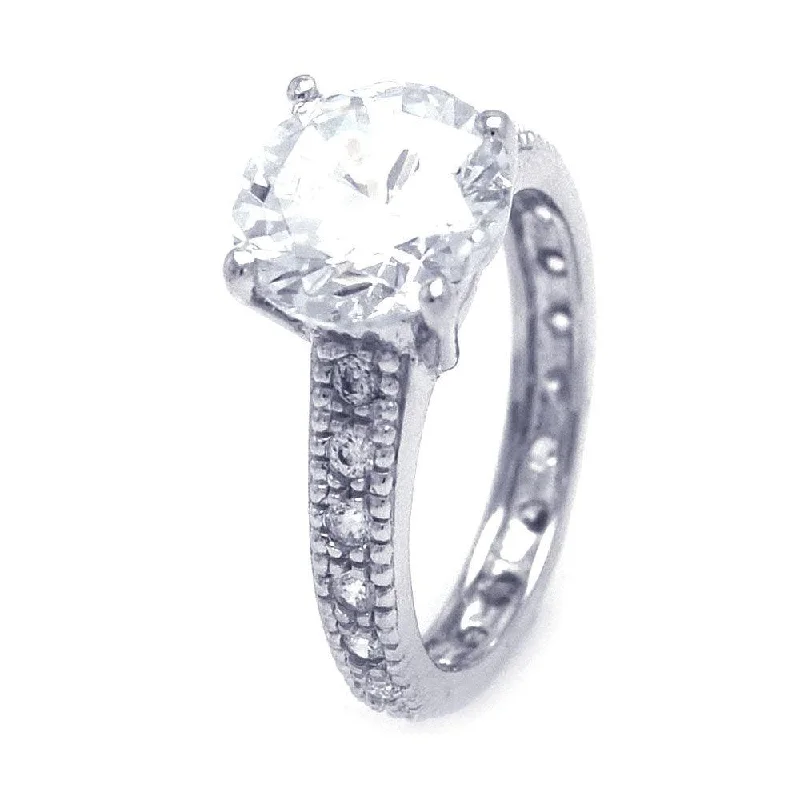 Ladies rings uniform width styles-Silver 925 Rhodium Plated Round Center CZ Stone Ring - STR00531