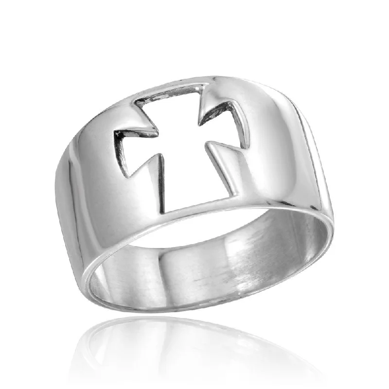 Ladies rings engraved name designs-High Polished 925 Sterling Silver Open Cross Ring - CR00754