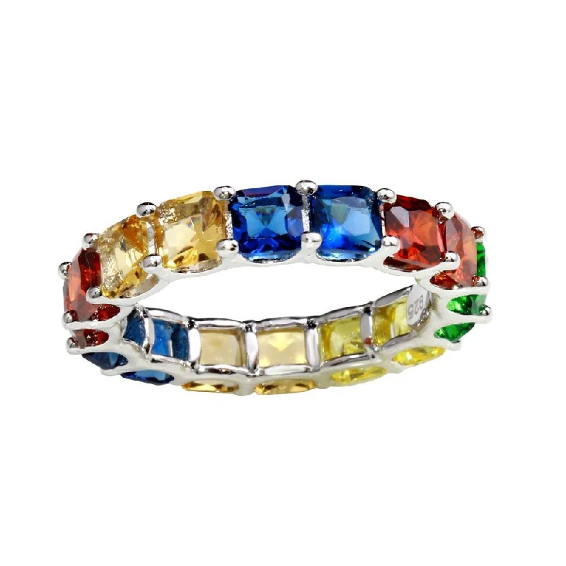 Ladies rings thumb statement pieces-Rhodium Plated 925 Sterling Silver Multi-Colored Square CZ Stone Ring - GMR00270RBC