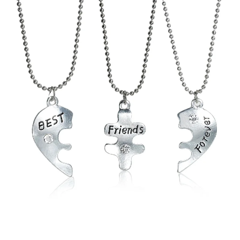 Ladies necklaces leaf shape designs-3 pc Necklace Ball Chain Broken Heart Message " Best Friends Forever " Pendant Clear Rhinestone