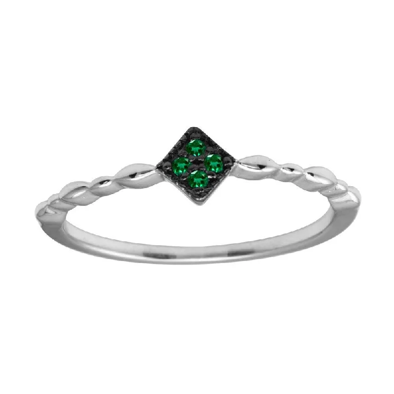 Ladies rings animal-inspired themes-Rhodium Plated 925 Sterling Silver Diamond Shape 4 Green CZ Ring - BGR01226GRN